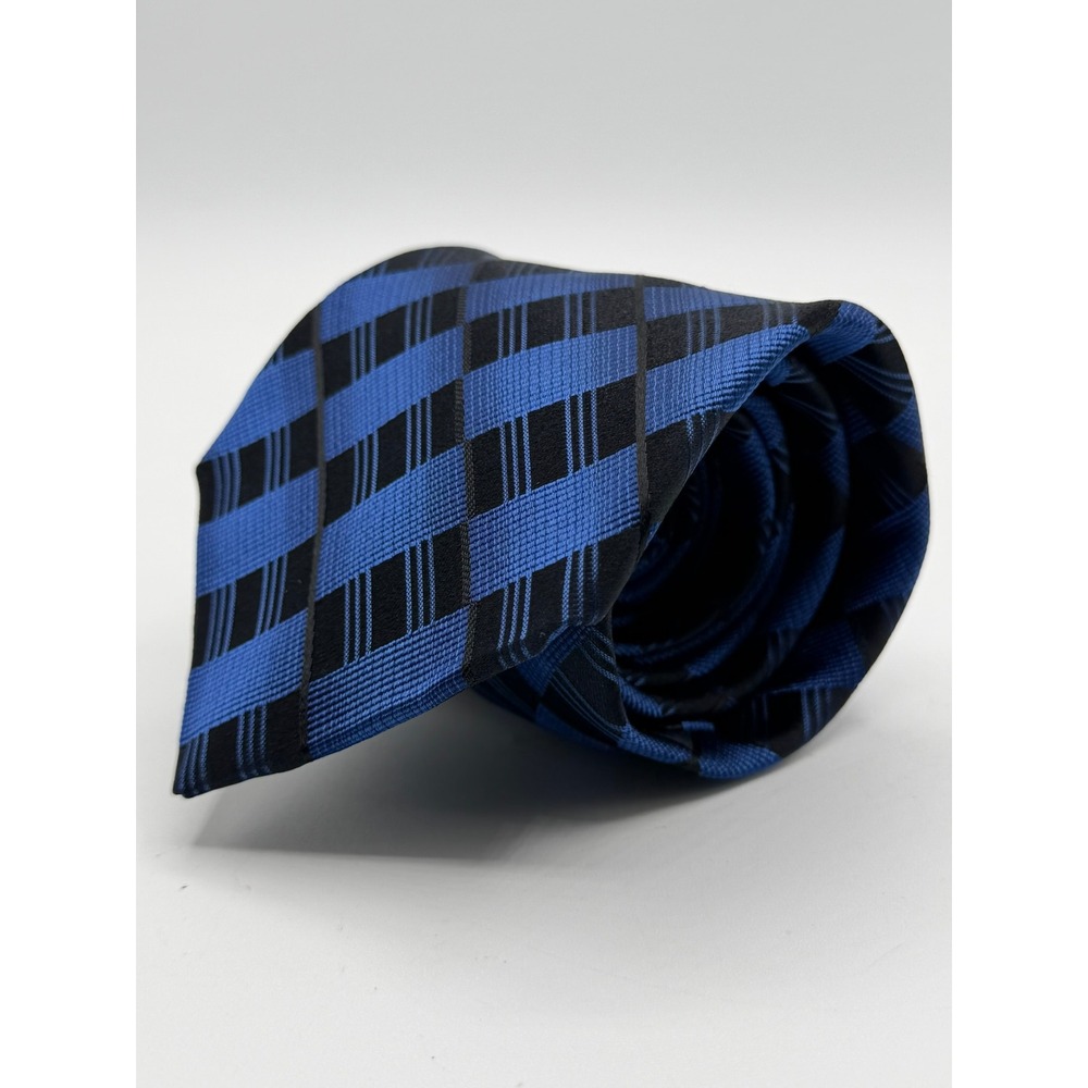 Jhane Barnes Mens Silk Necktie Blue Black Geometric Woven Checkered Formal Tie